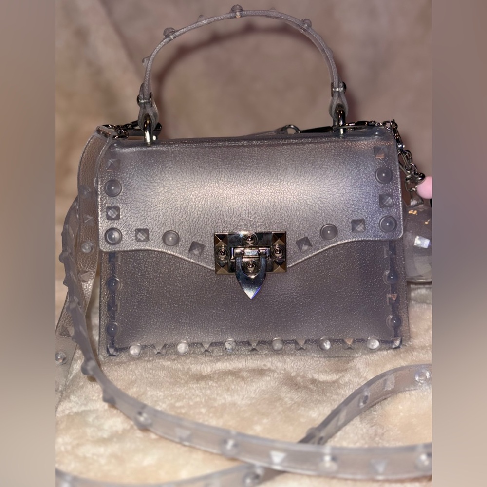 Viral Trendy Clear Jelly Silver Trim Rivet Studded Handbag Crossbody Bag Y2K - Picture 9 of 9